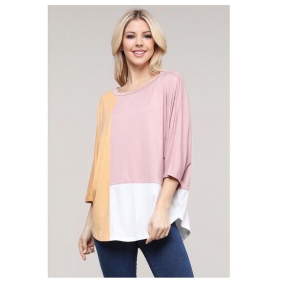 Color Block 3/4 Length Sleeve Scoop Neck Top | Pink / Peach / White - Picture 6 of 6